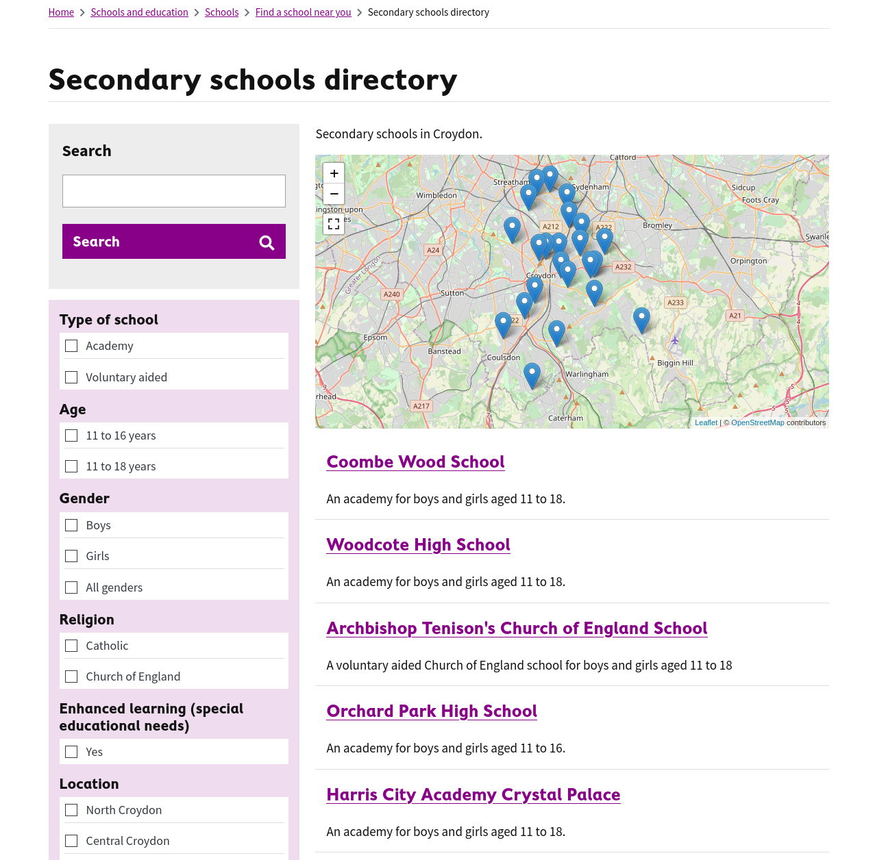 Screenshot of Croydon's LocalGov Drupal Directory of Secondary Schools with map and filters visible