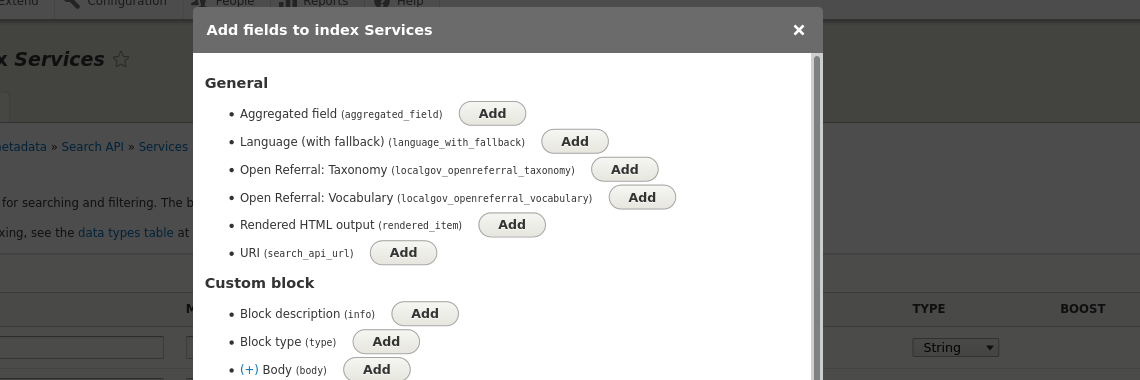 Search API index with property fields in the General section including Aggregated field and our Open Referral ones